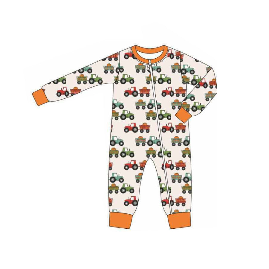 ( Moq 5 ) Preorder Baby Boy Long Sleeves Pumpkin Tractors Farm Fall Zipper Romper