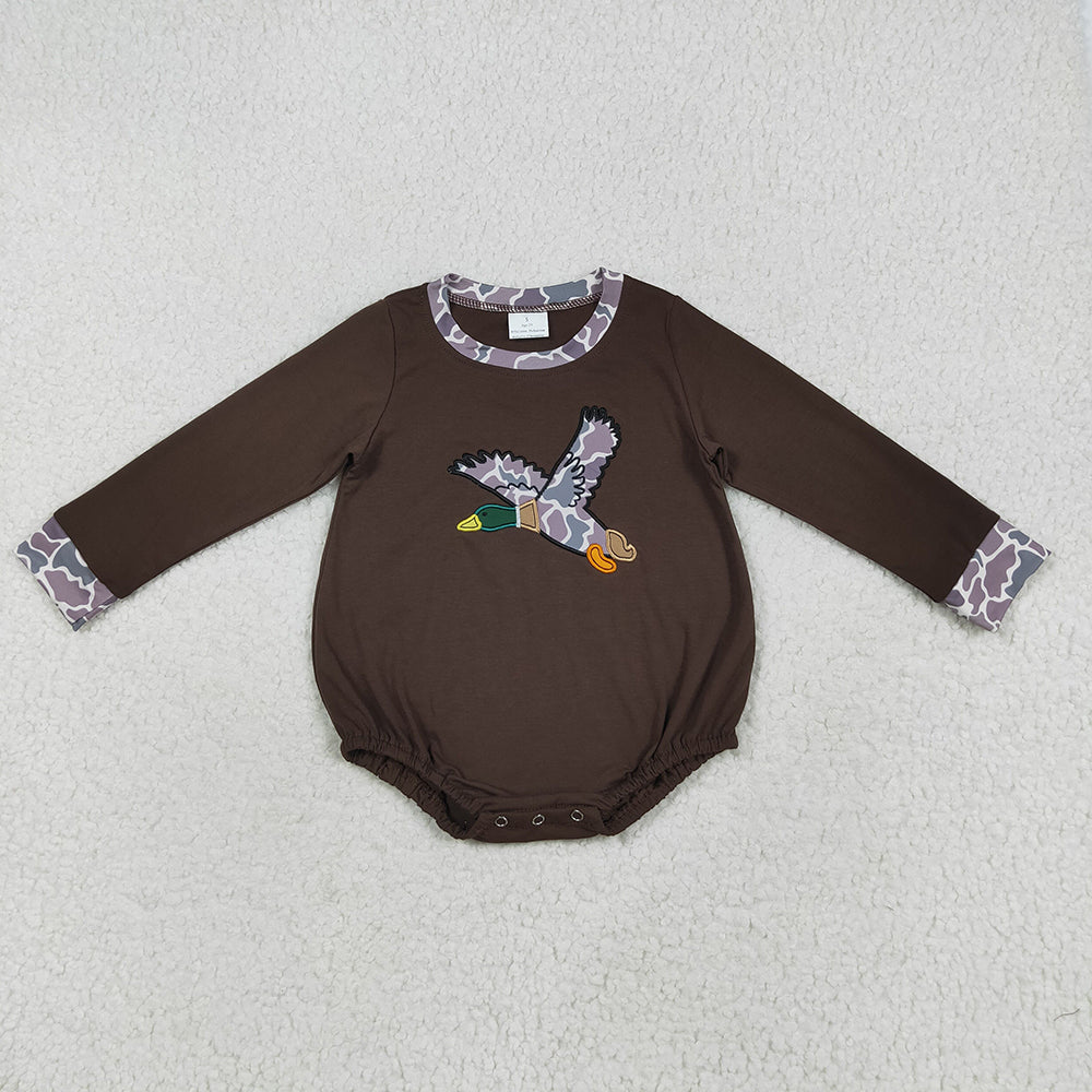 Baby Boy Long Sleeves Embroidery Camo Ducks Sibling Brown Romper Outfit Clothes RTS