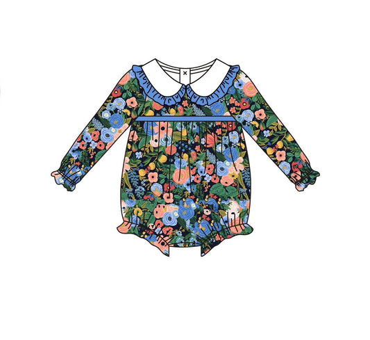 ( Moq 5 ) Preorder Baby Girl Long Sleeves Flower Blue Ruffle Bubble Romper