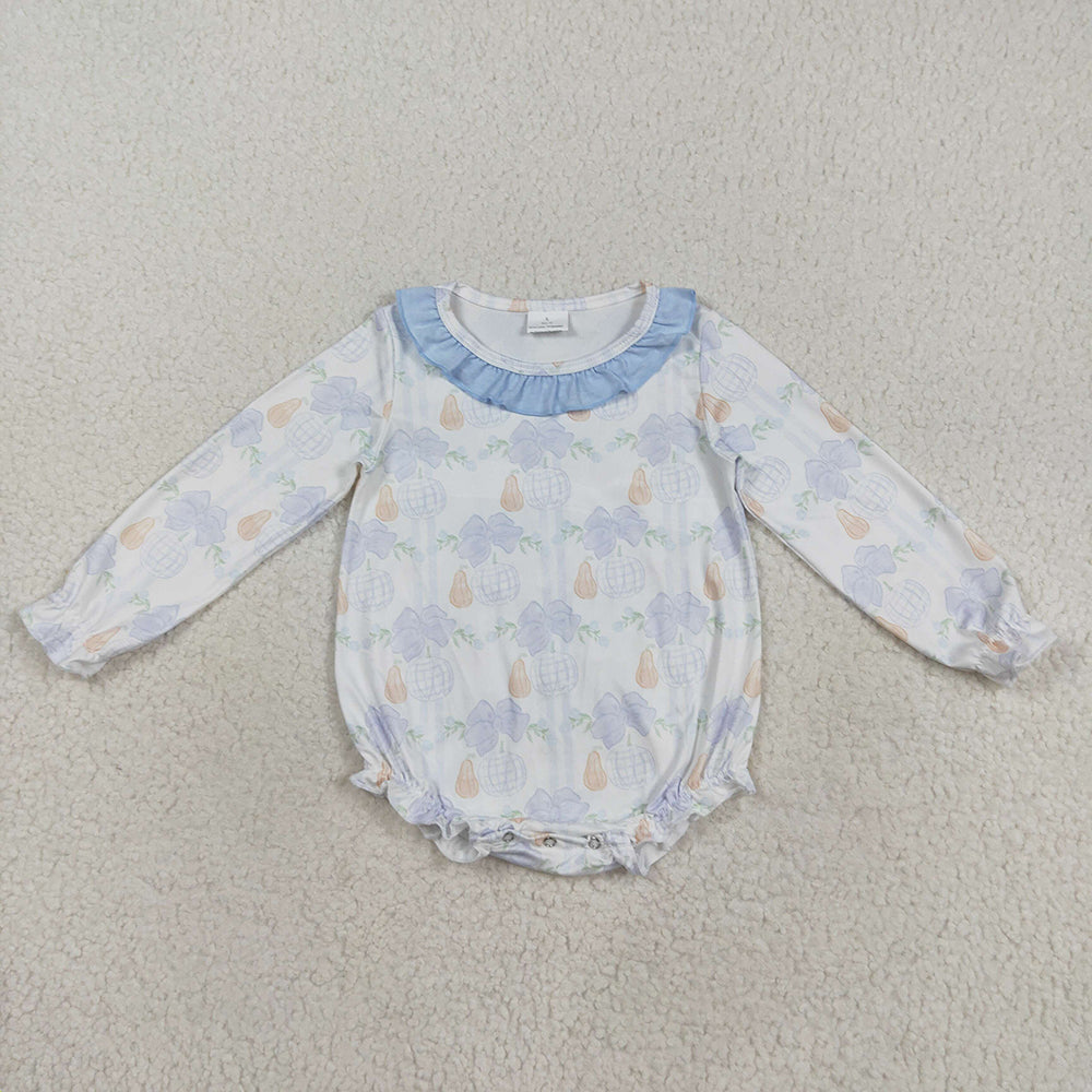Baby Girl Long Sleeves Blue Flower Pumpkins Sibling Fall Romper Dress Clothes RTS
