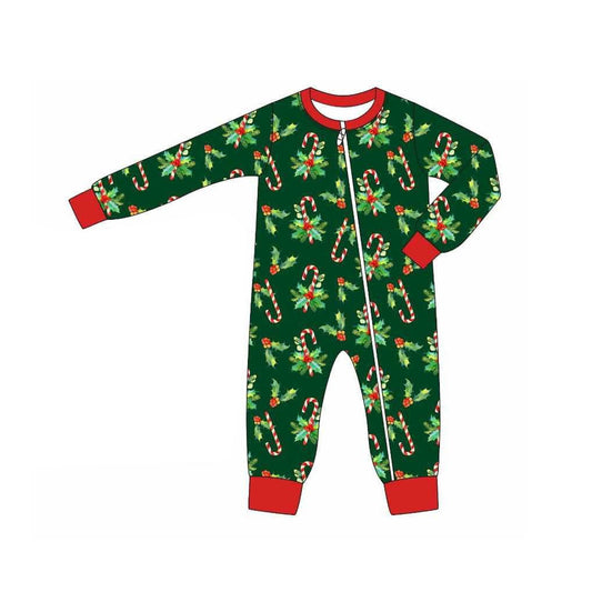 ( Moq 5 ) Preorder Baby Boy Green Long Sleeves Candy Cane Zipper Christmas Romper