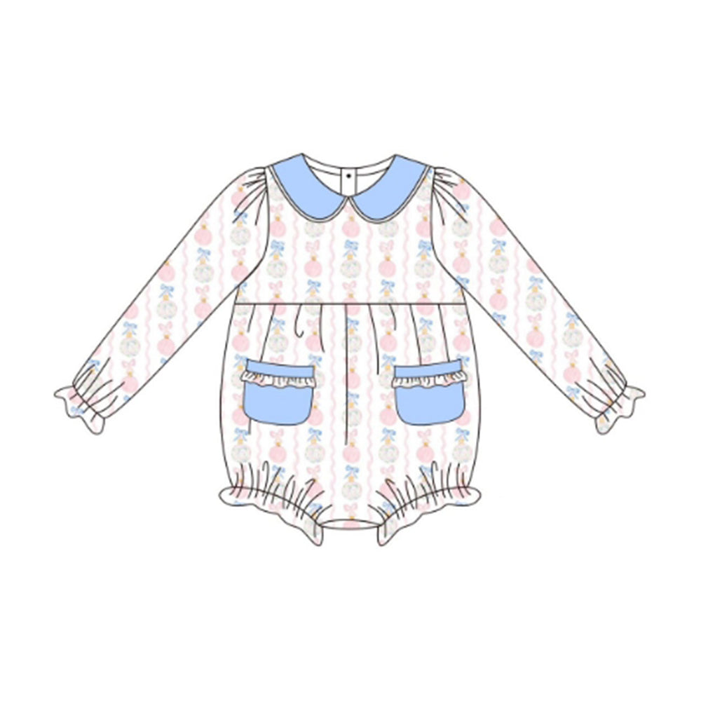 ( Moq 5 ) Preorder Baby Girl Long Sleeves Pumpkin Bows Pockets Bubble Romper