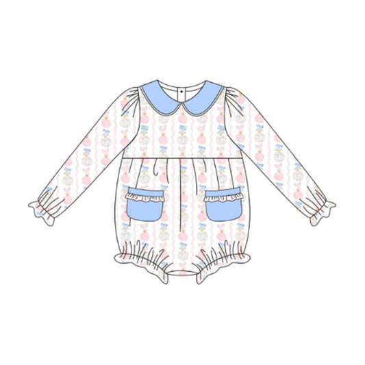 ( Moq 5 ) Preorder Baby Girl Long Sleeves Pumpkin Bows Pockets Bubble Romper