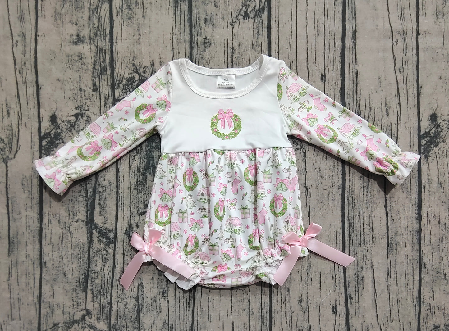 Baby Girl Long Sleeves Pink Bows Holly Christmas Ruffle Bubble Romper RTS