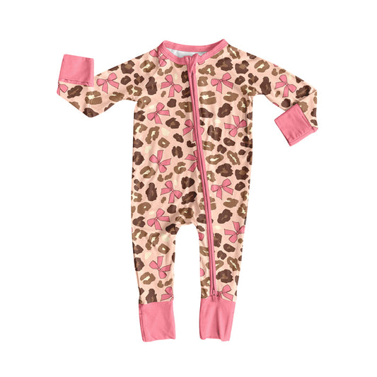 ( Moq 5 ) Preorder Baby Girl Long Sleeves Pink Bows Leopard Zipper Romper