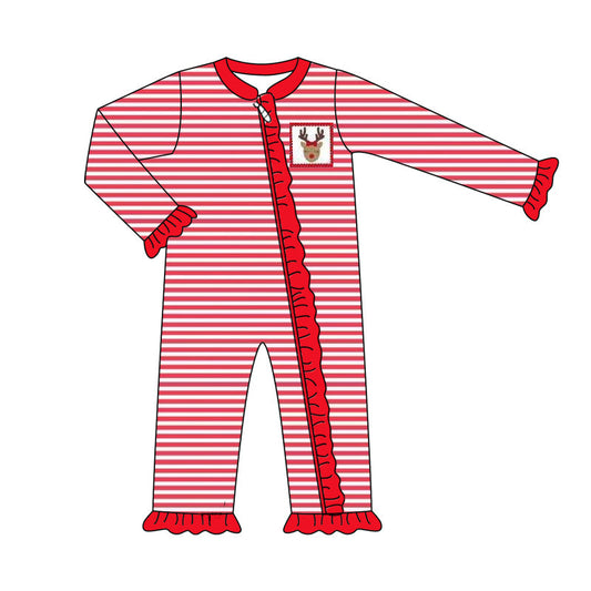 ( Moq 5 ) Preorder Baby Girl Long Sleeves Deer Ruffle Zipper Christmas Red Stripes Romper