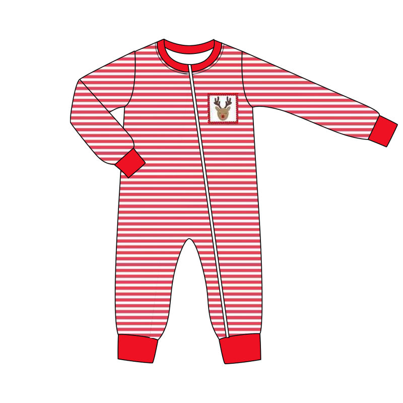 ( Moq 5 ) Preorder Baby Boy Long Sleeves Deer Zipper Christmas Red Stripes Romper