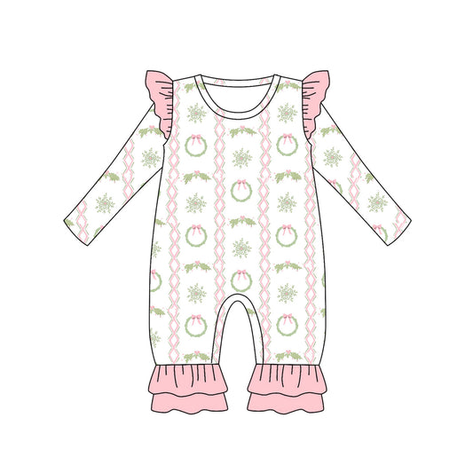 ( Moq 5 ) Preorder Baby Girl Long Sleeves Holly Bows Pink Ruffle Christmas Romper