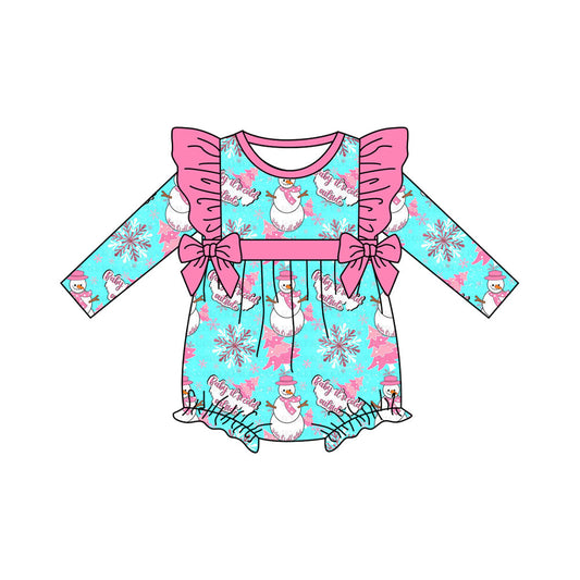 ( Moq 5 ) Preorder Baby Girl Long Sleeves Snowman Tree Pink Bows Christmas Bubble Romper
