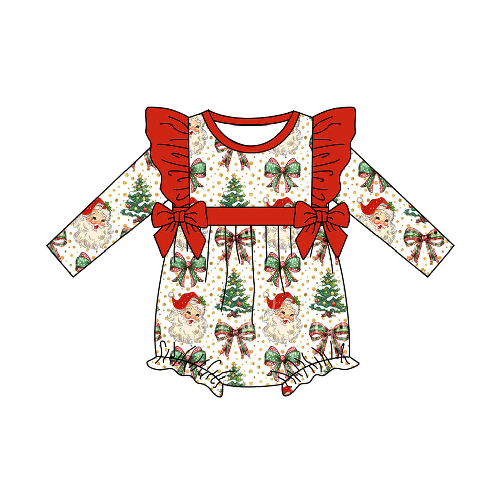 ( Moq 5 ) Preorder Baby Girl Infant Long Sleeves Santa Tree Bows Christmas Ruffle Bubble Romper