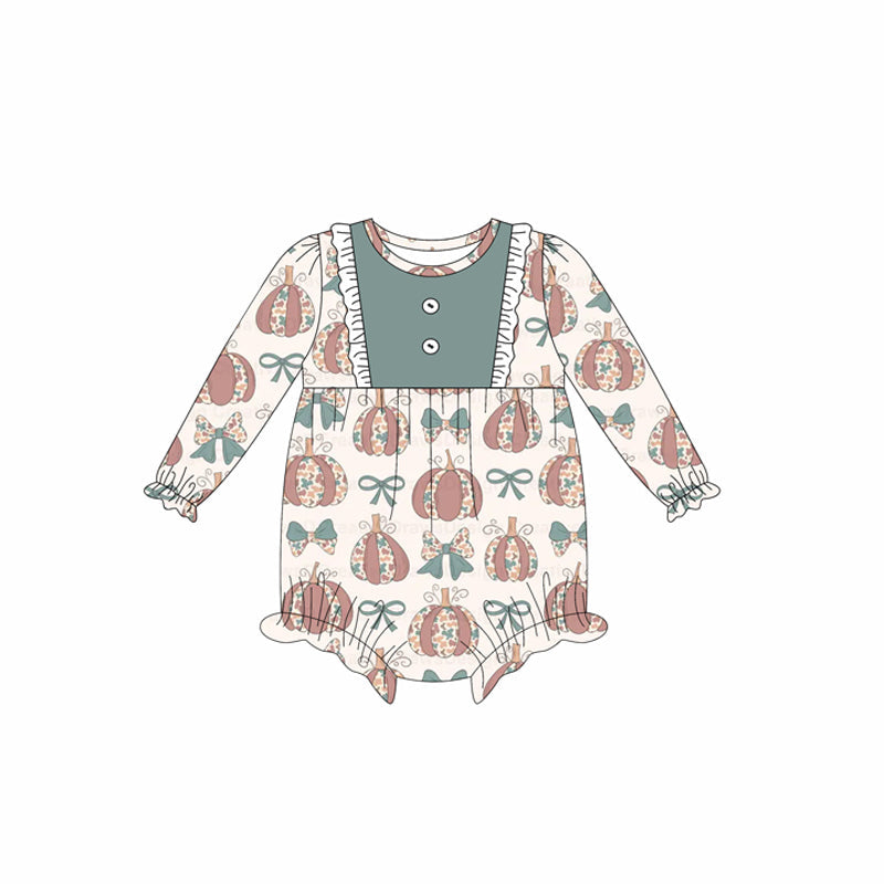 ( Moq 5 ) Preorder Baby Girl Long Sleeves Camo Pumpkin Bows Buttons Fall Bubble Romper