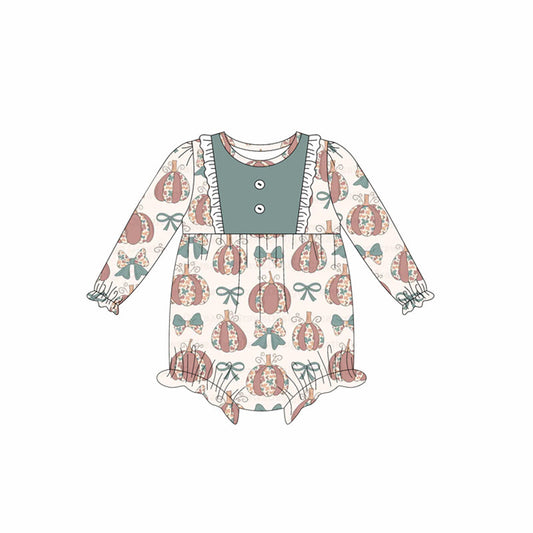 ( Moq 5 ) Preorder Baby Girl Long Sleeves Camo Pumpkin Bows Buttons Fall Bubble Romper