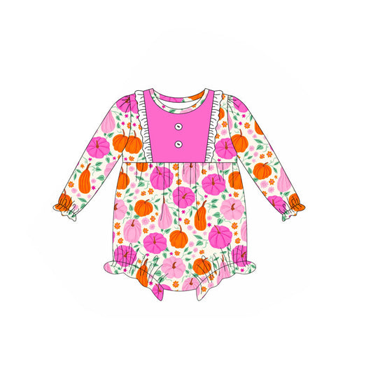 ( Moq 5 ) Preorder Baby Girl Long Sleeves Pumpkin Flower Buttons Fall Bubble Romper