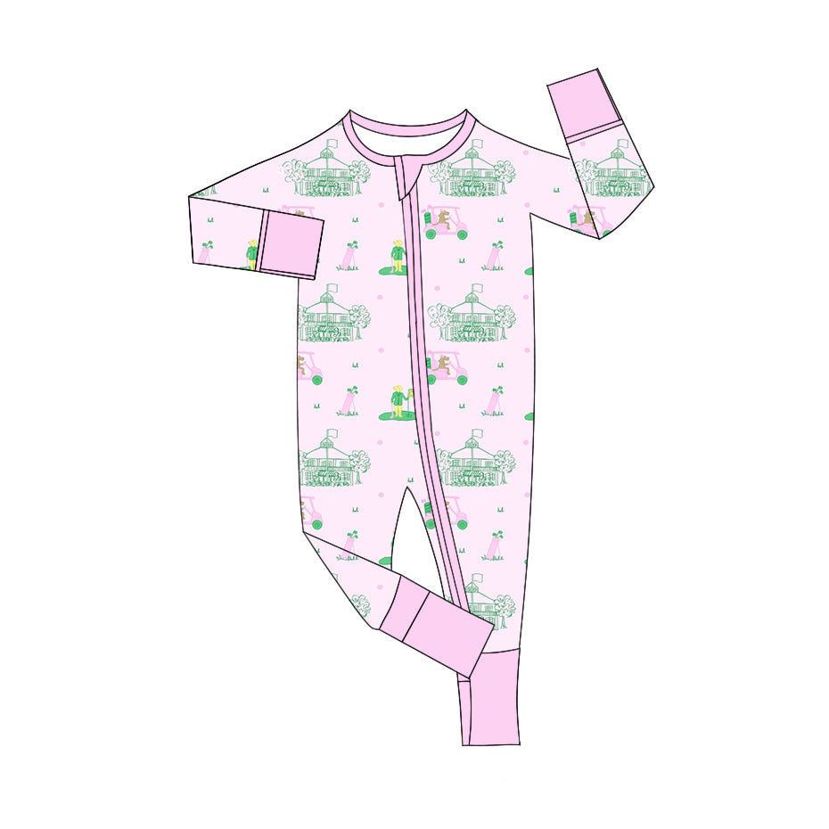 ( Moq 5 ) Preorder Baby Girl Long Sleeves Golf Pink Zipper Pajamas Romper