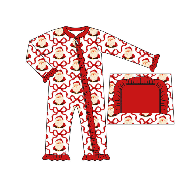( Moq 5 ) Preorder Baby Girl Long Sleeves Christmas Santa Bows Zipper Pajamas Romper