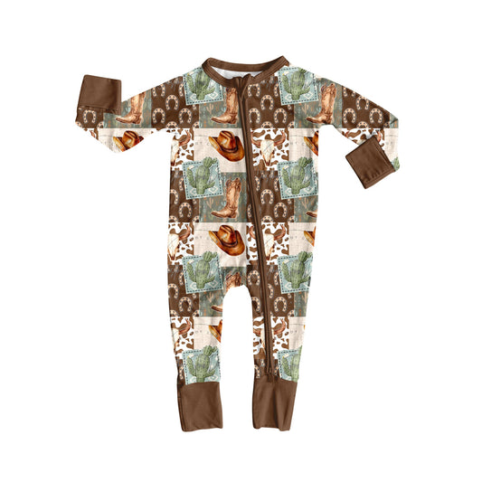 ( Moq 5 ) Preorder Baby Boy Long Sleeves Western Boots Cactus Brown Zipper Romper