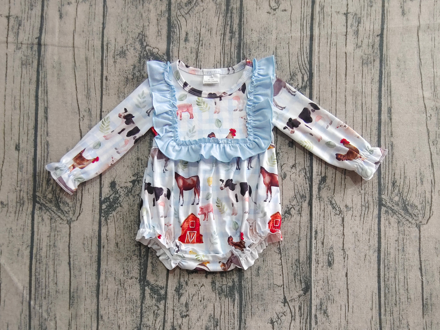 Baby Girl Long Sleeves Farm Animals Blue Ruffle Bubble Romper RTS