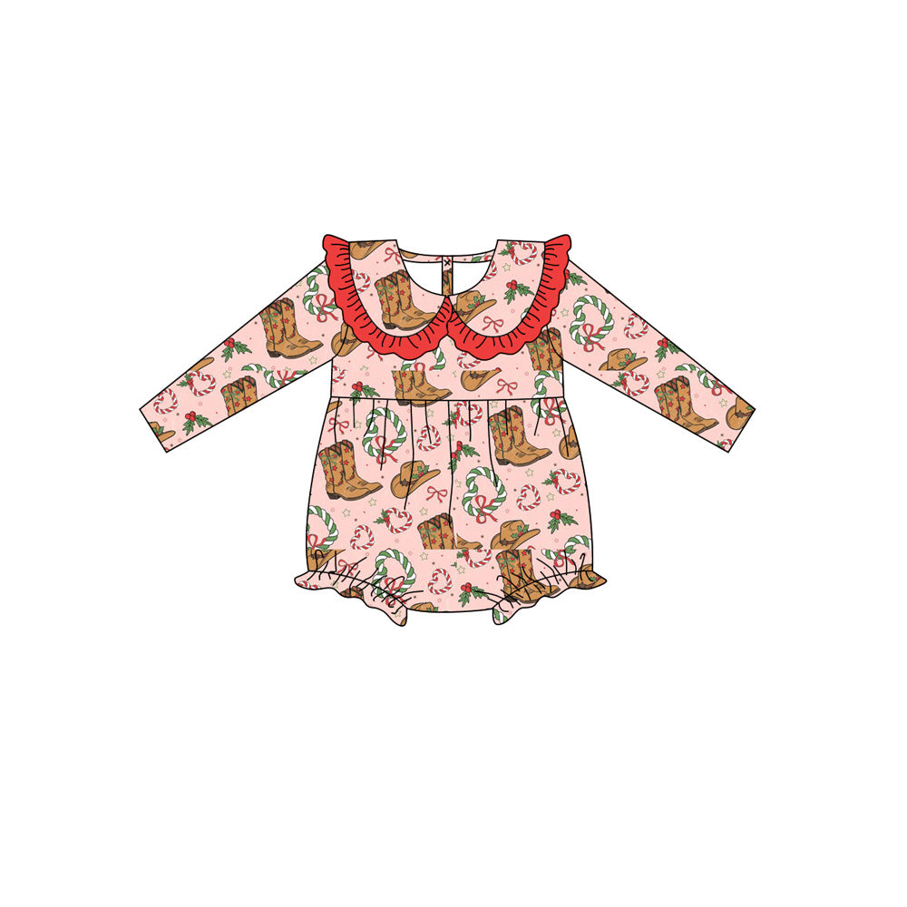 ( Moq 5 ) Preorder Baby Girl Long Sleeves Christmas Holly Boots Bubble Romper