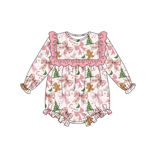 ( Moq 5 ) Preorder Baby Girl Long Sleeves Christmas Bows Trees Gingerbread Bubble Romper