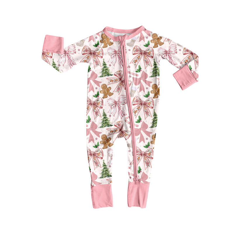 ( Moq 5 ) Preorder Baby Girl Long Sleeves Christmas Bows Trees Gingerbread Zipper Romper
