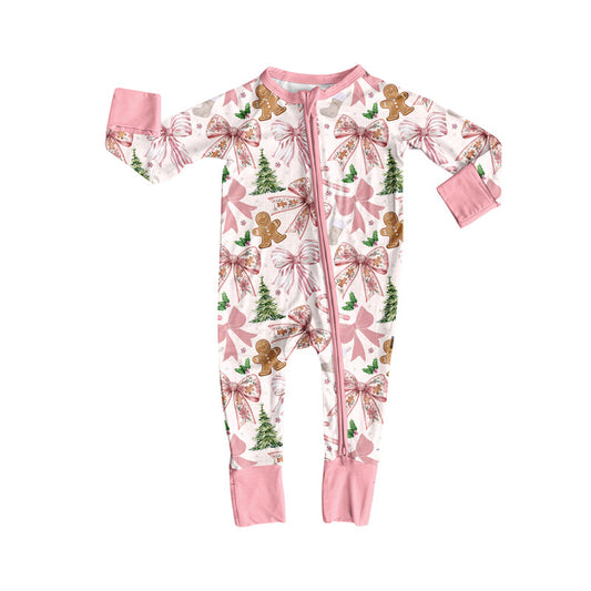 ( Moq 5 ) Preorder Baby Girl Long Sleeves Christmas Bows Trees Gingerbread Zipper Romper