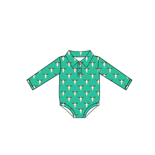 ( Moq 5 ) Preorder Baby Boy Long Sleeves Western Cow Green Bottoms Romper