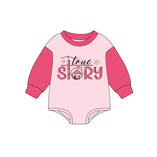 ( Moq 5 ) Preorder Baby Girl Pink Long Sleeves True Story Christmas Bubble Romper