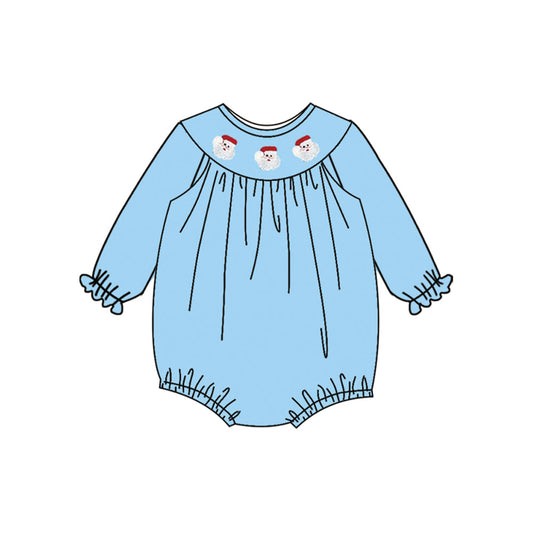 ( Moq 5 ) Preorder Baby Girl Blue Long Sleeves Santa Christmas Smocked Bubble Romper