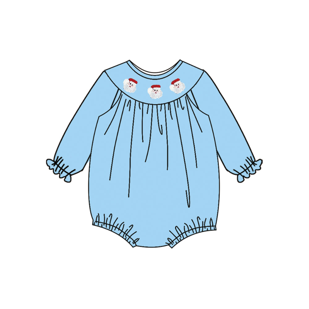 ( Moq 5 ) Preorder Baby Girl Blue Long Sleeves Santa Christmas Smocked Bubble Romper