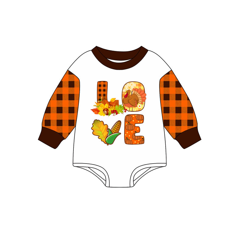 ( Moq 5 ) Preorder Baby Boy Plaid Long Sleeves Pumpkin turkey Love Fall Romper