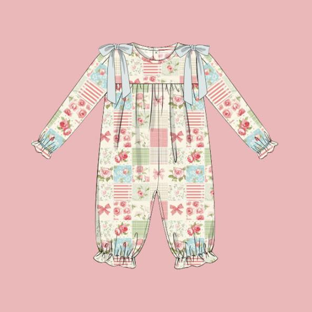 ( Moq 5 ) Preorder Baby Girl Long Sleeves Flower Plaid Pants Romper