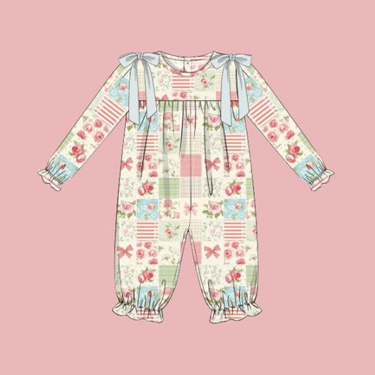 ( Moq 5 ) Preorder Baby Girl Long Sleeves Flower Plaid Pants Romper