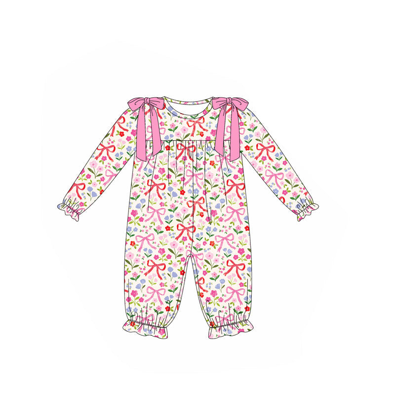 ( Moq 5 ) Preorder Baby Girl Long Sleeves Floral Bows Ruffle Romper