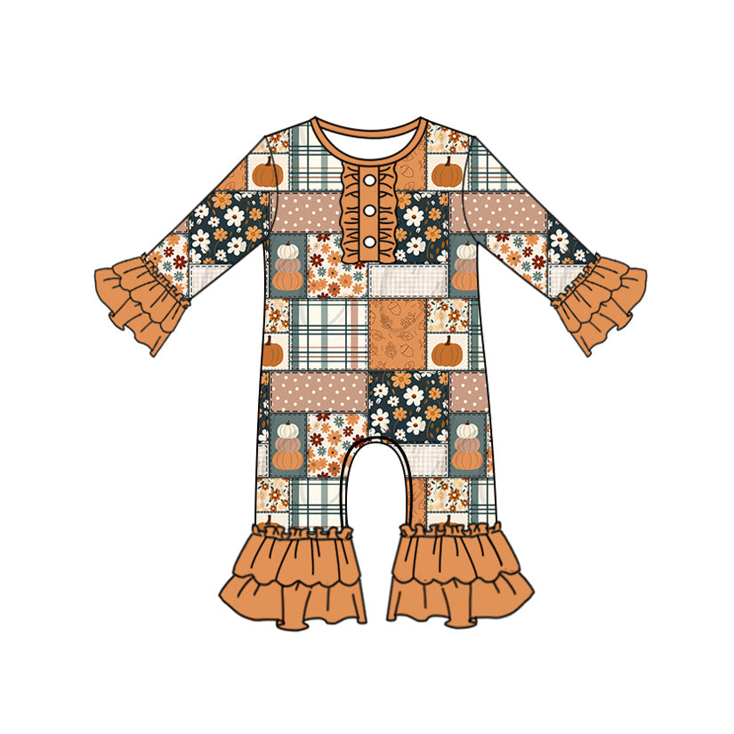 ( Moq 5 ) Preorder Baby Girl Long Sleeves Pumpkins Flower Plaid Ruffle Buttons Fall Romper
