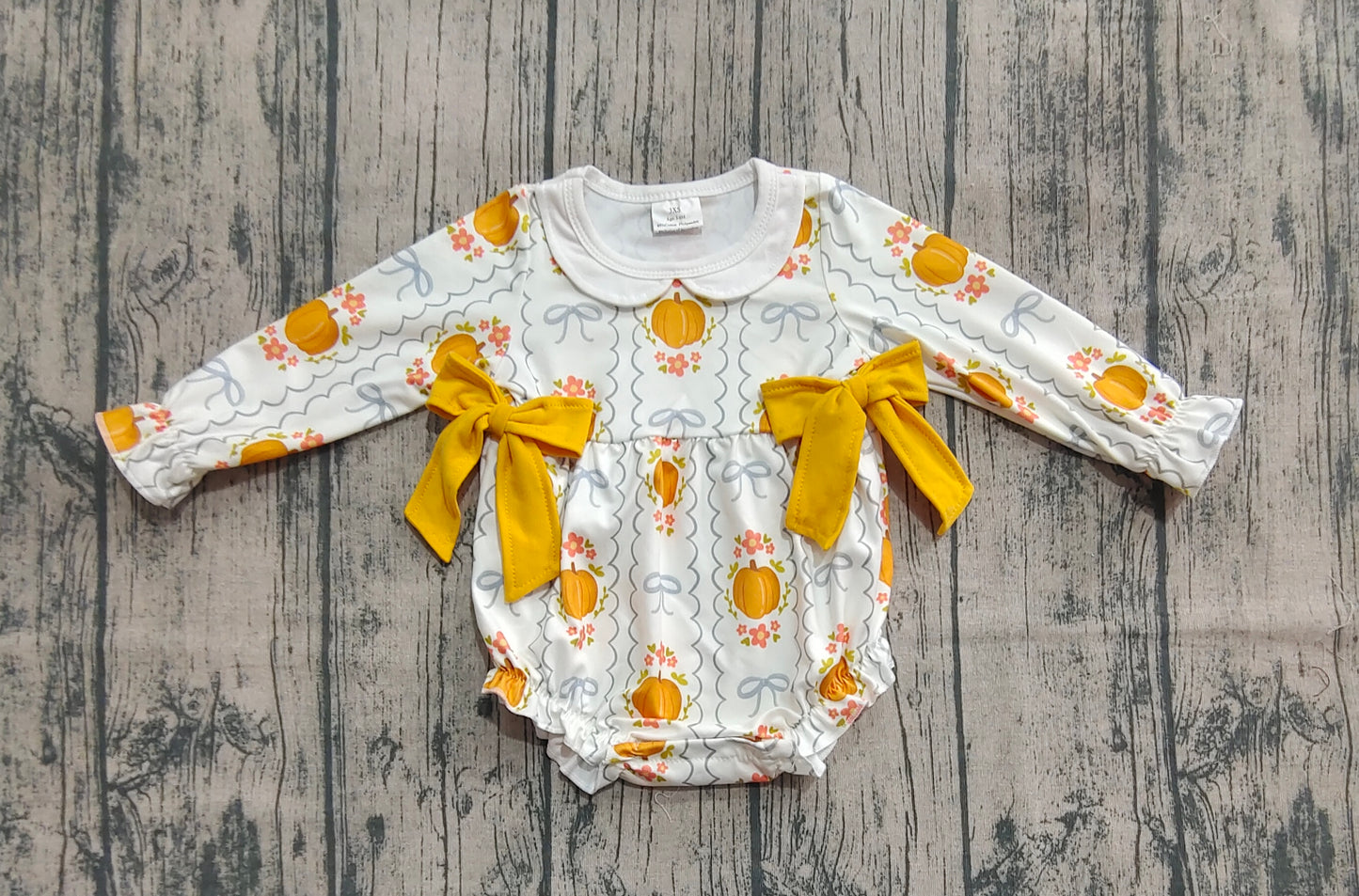 Baby Girl Long Sleeves Pumpkins Flower Bows Bubble Fall Romper RTS