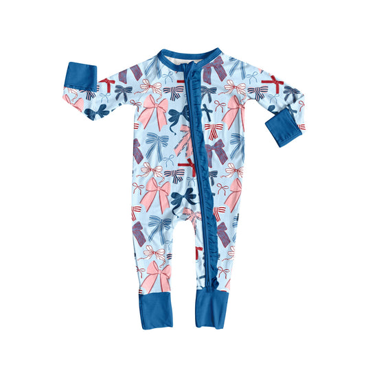 ( Moq 5 ) Preorder Baby Girl Long Sleeves Bows Shirt Pants Pajamas Ruffle Zipper Romper
