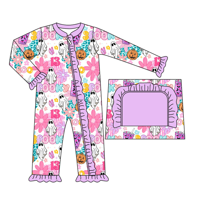 ( Moq 5 ) Preorder Baby Girl Long Sleeves Halloween Ghost Flower Purple Ruffle Zipper Romper