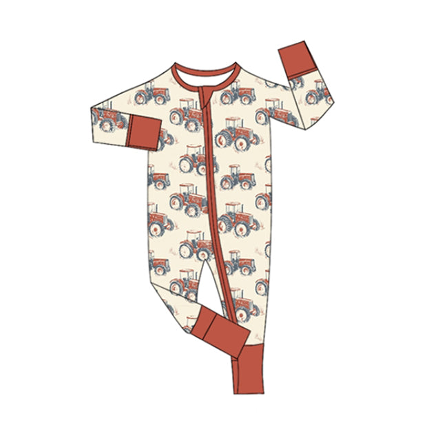 ( Moq 5 ) Preorder Baby Boy Long Sleeves Tractors Farm Zipper Pajamas Romper