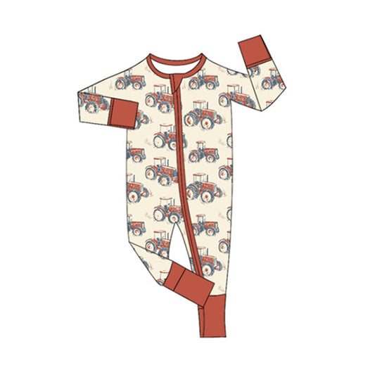 ( Moq 5 ) Preorder Baby Boy Long Sleeves Tractors Farm Zipper Pajamas Romper