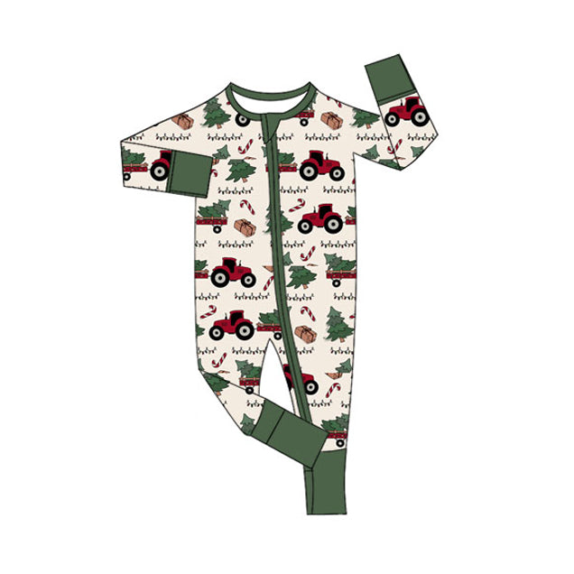 ( Moq 5 ) Preorder Baby Boy Long Sleeves Christmas Tractors Tree Pajamas Green Zipper Romper