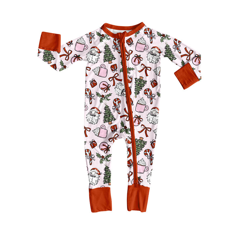 ( Moq 5 ) Preorder Baby Girl Long Sleeves Santa Bows Christmas Pajamas Zipper Romper