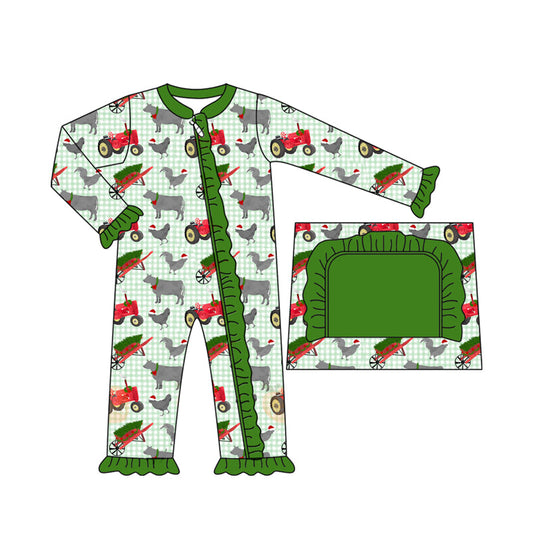 ( Moq 5 ) Preorder Baby Girl Long Sleeves Farm Animals Christmas Green Ruffle Zipper Romper