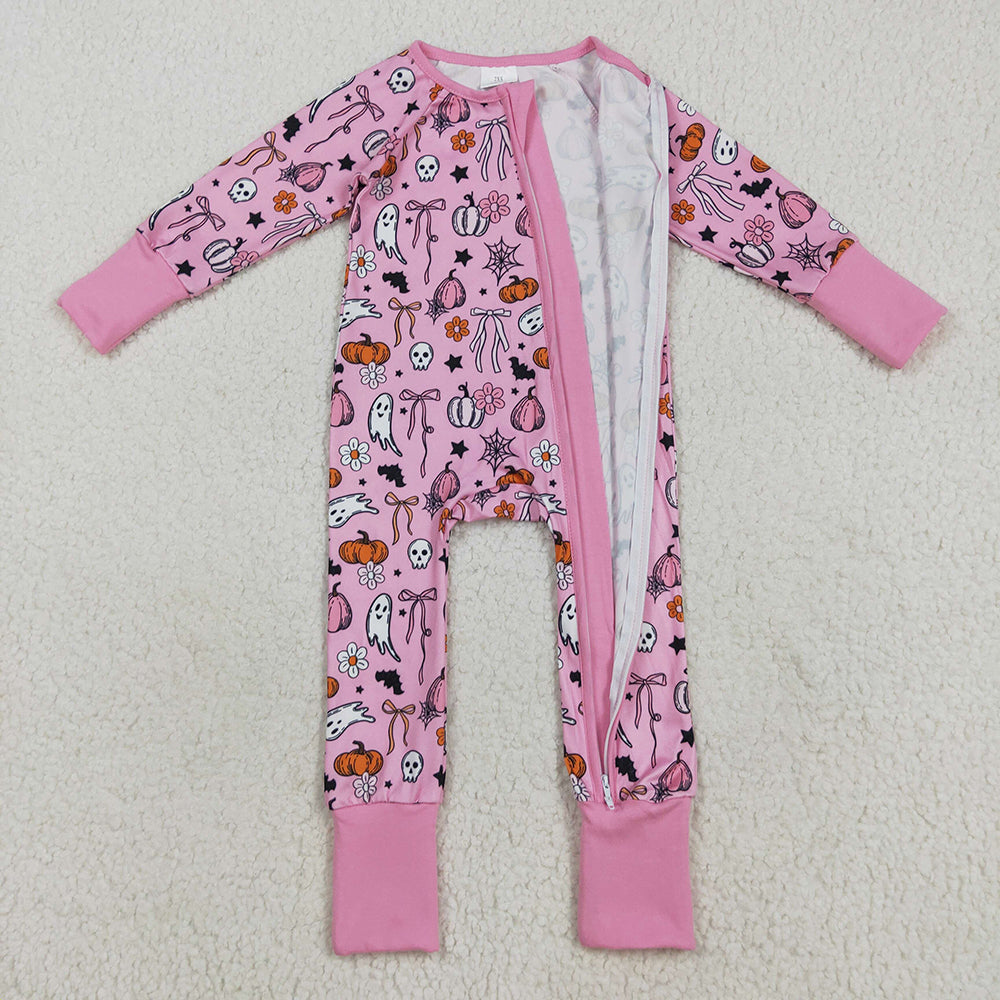 Baby Girl Long Sleeves Ghost Pumpkins Bows Flower Sibling Halloween Pajamas Romper Set RTS