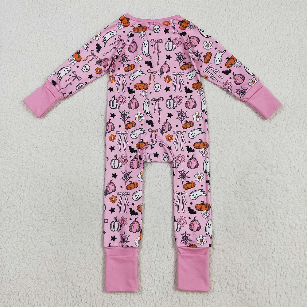 Baby Girl Long Sleeves Ghost Pumpkins Bows Flower Sibling Halloween Pajamas Romper Set RTS