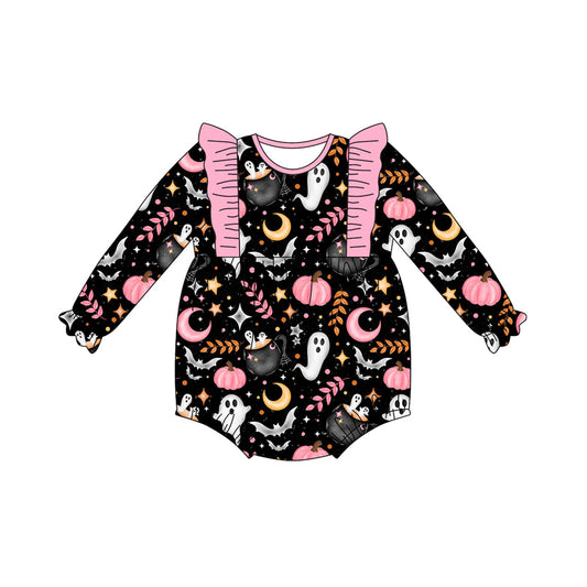 ( Moq 5 ) Preorder Baby Girl Long Sleeves Ghost Pumpkin Halloween Bubble Romper