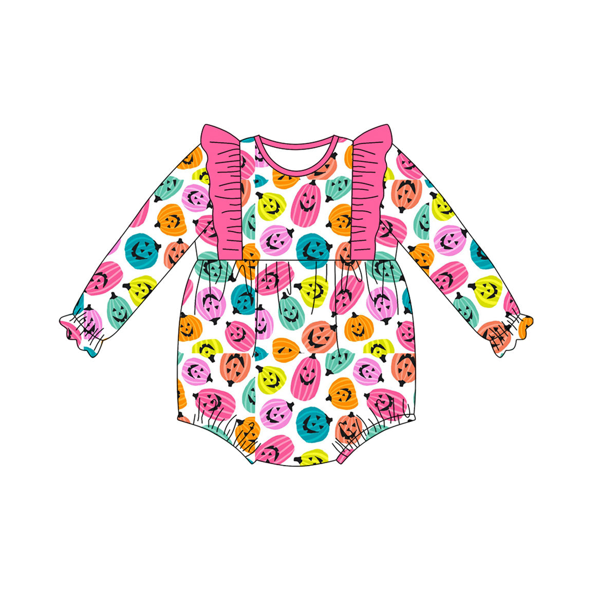 ( Moq 5 ) Preorder Baby Girl Long Sleeves Pumpkins Halloween Ruffle Bubble Romper