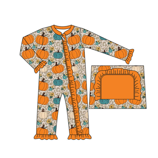 ( Moq 5 ) Preorder Baby Girl Long Sleeves Pumpkins Flower Leopard Zipper Fall Romper