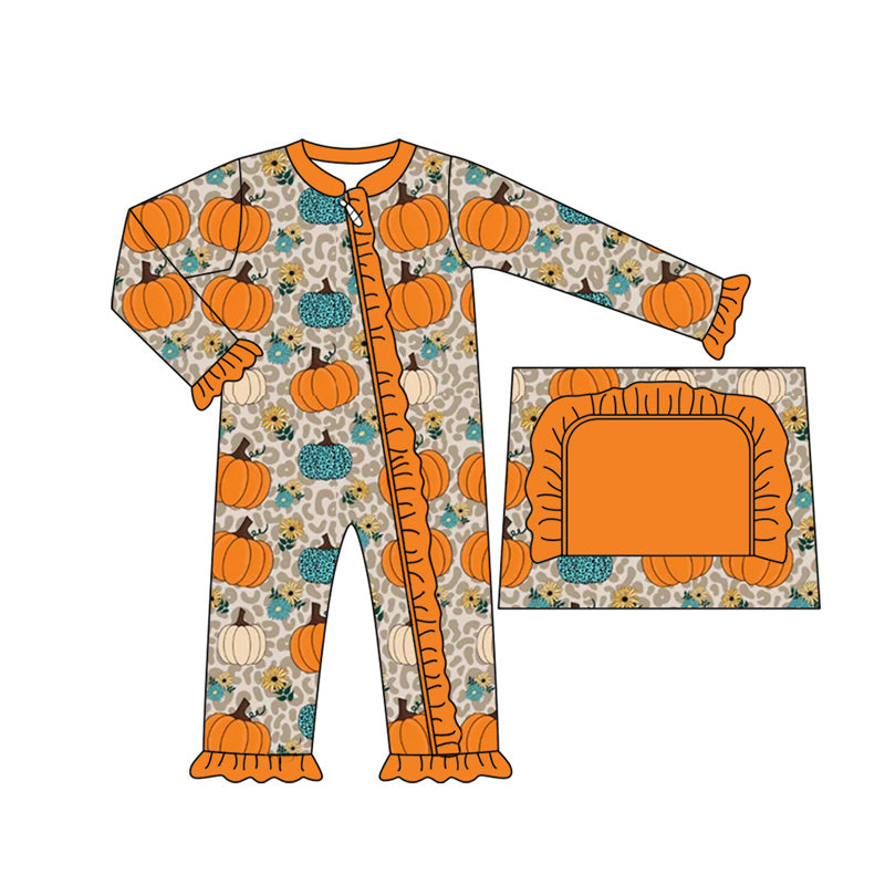 ( Moq 5 ) Preorder Baby Girl Long Sleeves Pumpkins Flower Leopard Zipper Fall Romper