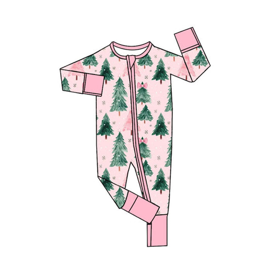 ( Moq 5 ) Preorder Baby Girl Long Sleeves Christmas Tree Bows Zipper Pink Romper