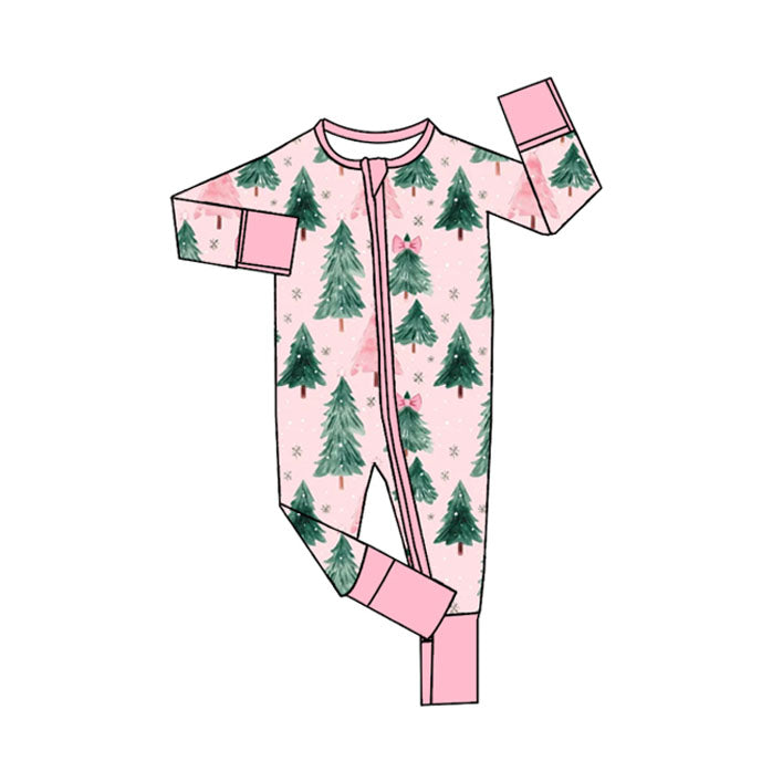 ( Moq 5 ) Preorder Baby Girl Long Sleeves Christmas Tree Bows Zipper Pink Romper